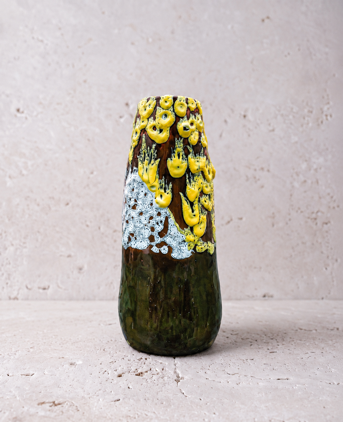 Atlas sculptural vase styled in an interior, layered lava glaze ceramic