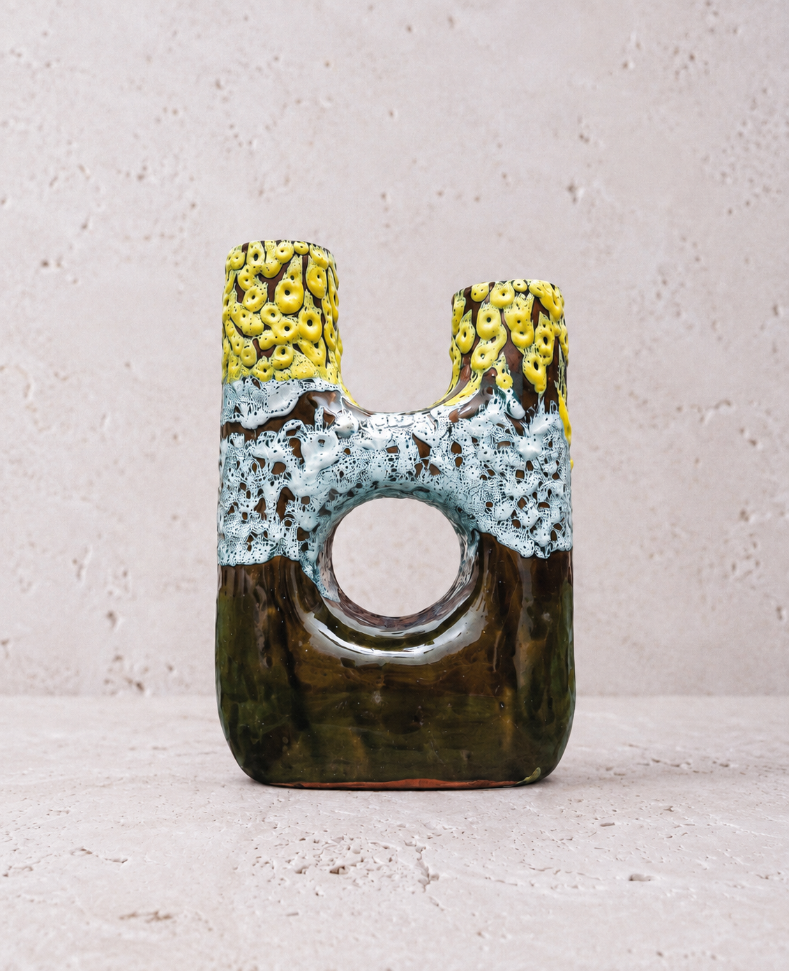 Atlas sculptural vase by Casarin, double-neck ceramic in olive, sky blue and yellow lava glaze