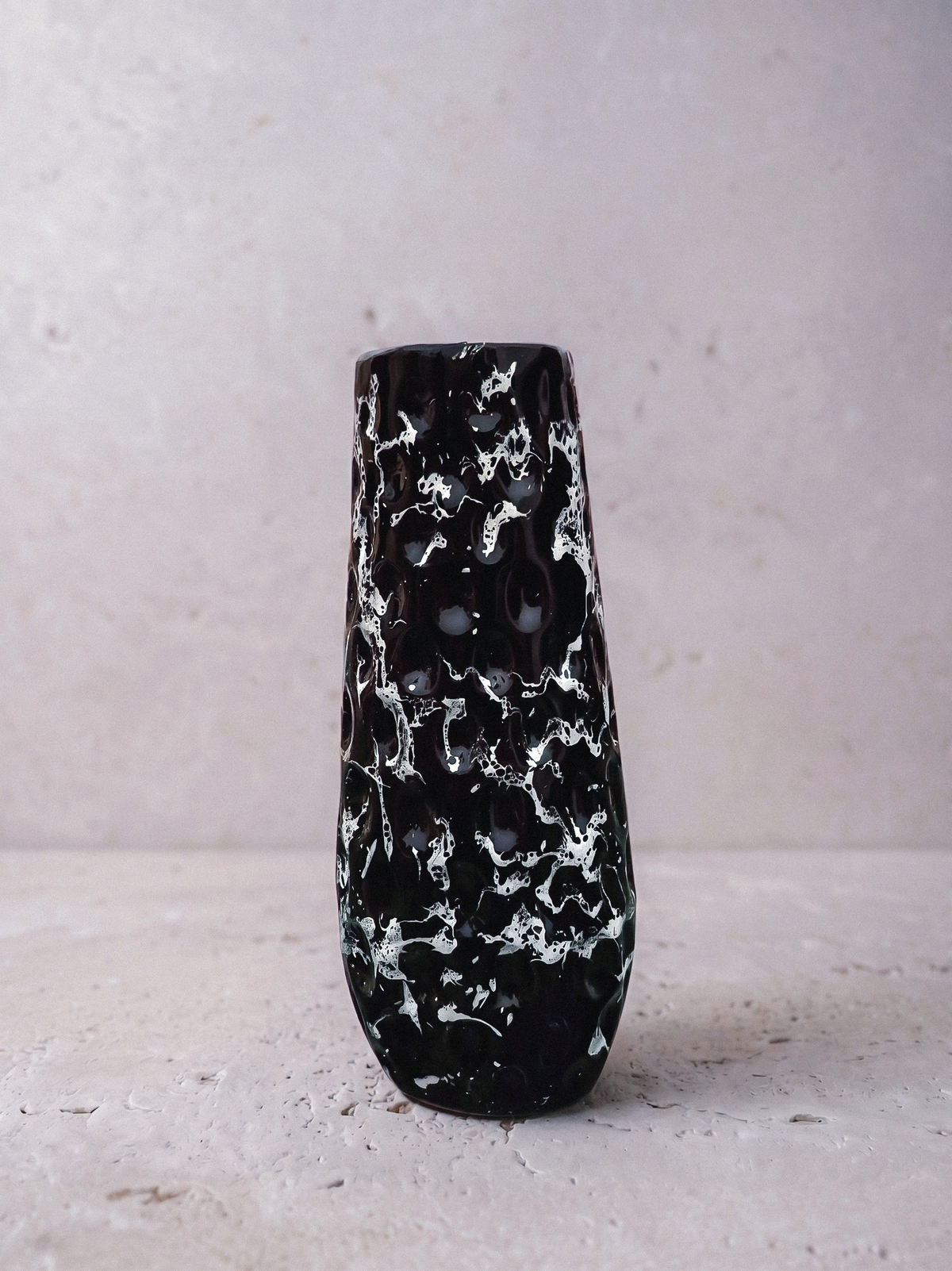 Dark Fumo glass vase by Casarin, tall black vase with white veining