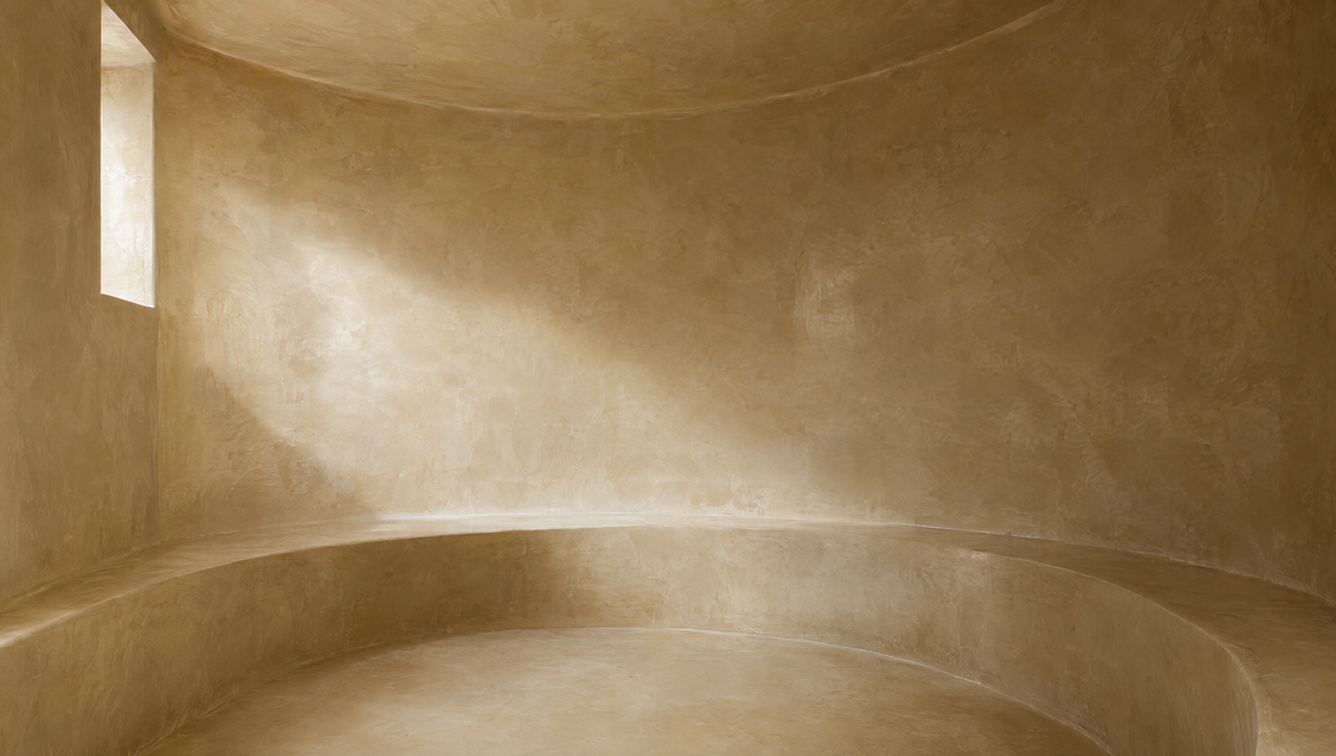 Curved alcove finished in polished ivory tadelakt lime plaster