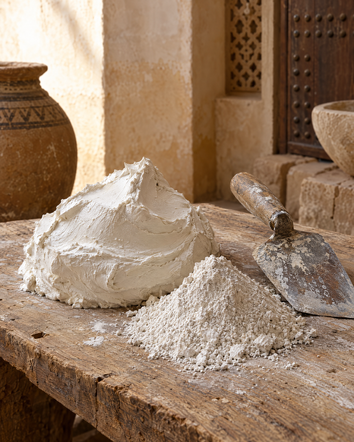 Slaked lime paste and powdered lime with a trowel on a workshop table