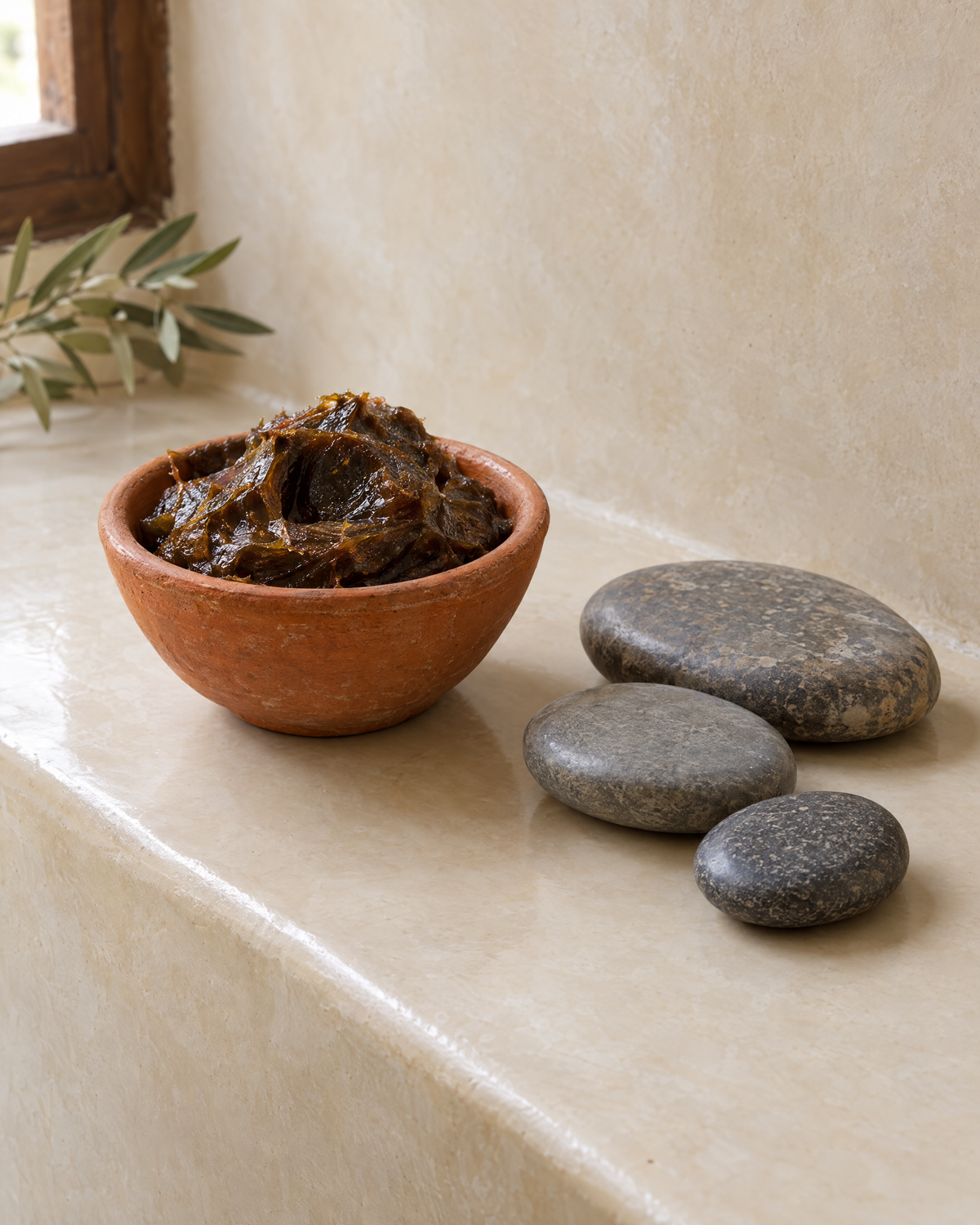 Moroccan black soap and polishing stones on a tadelakt ledge